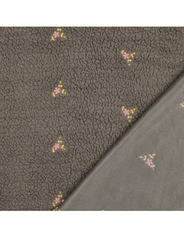 Tissu fourrure Teddy - Fleurs brodées fond gris