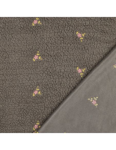 Tissu fourrure Teddy - Fleurs brodées fond gris