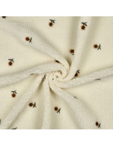 Tissu fourrure Teddy - Tournesols brodées fond écru