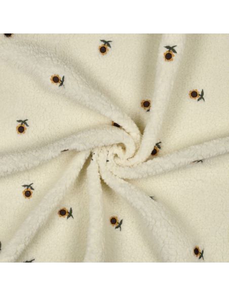 Tissu fourrure Teddy - Tournesols brodées fond écru