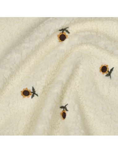 Tissu fourrure Teddy - Tournesols brodées fond écru