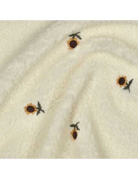Tissu fourrure Teddy - Tournesols brodées fond écru