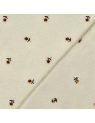 Tissu fourrure Teddy - Tournesols brodées fond écru