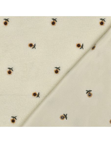 Tissu fourrure Teddy - Tournesols brodées fond écru