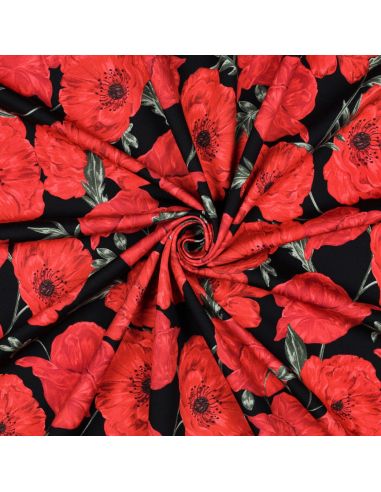 Tissu sweat digital - Coquelicots rouge fond noir
