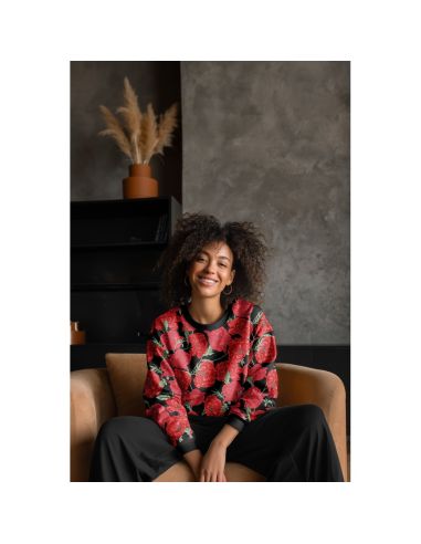 Tissu sweat digital - Coquelicots rouge fond noir