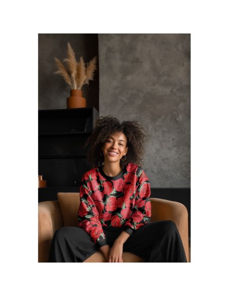 Tissu sweat digital - Coquelicots rouge fond noir