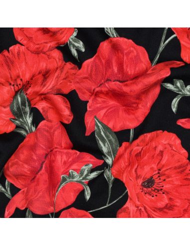 Tissu sweat digital - Coquelicots rouge fond noir