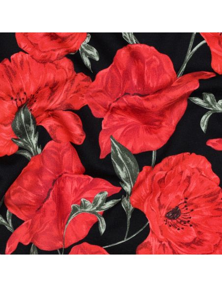 Tissu sweat digital - Coquelicots rouge fond noir