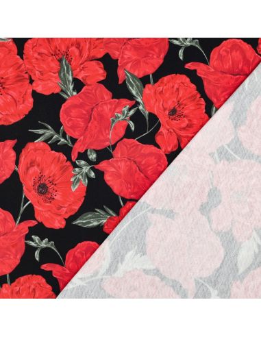 Tissu sweat digital - Coquelicots rouge fond noir