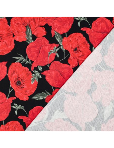 Tissu sweat digital - Coquelicots rouge fond noir