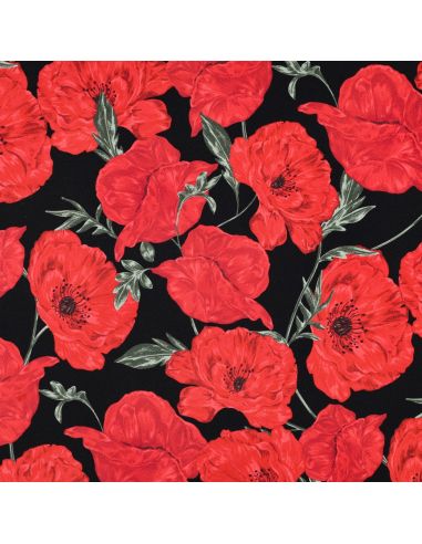 Tissu sweat digital - Coquelicots rouge fond noir