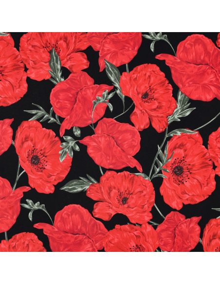 Tissu sweat digital - Coquelicots rouge fond noir