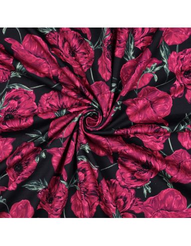 Tissu sweat digital - Coquelicots rose fond bleu navy