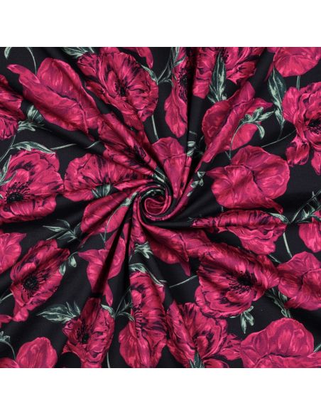 Tissu sweat digital - Coquelicots rose fond bleu navy