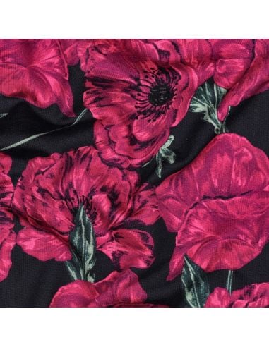 Tissu sweat digital - Coquelicots rose fond bleu navy