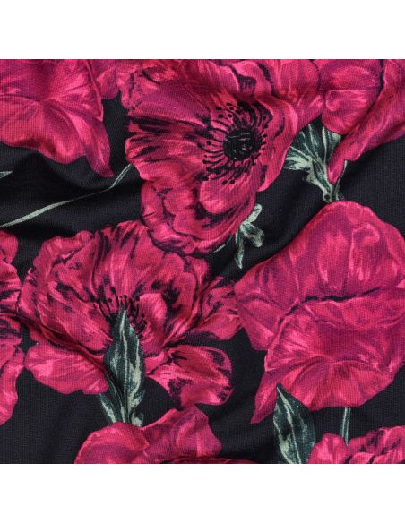 Tissu sweat digital - Coquelicots rose fond bleu navy