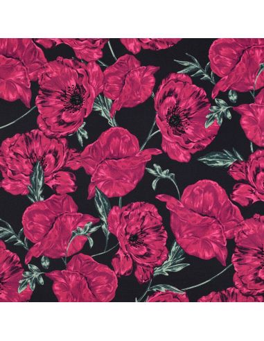 Tissu sweat digital - Coquelicots rose fond bleu navy