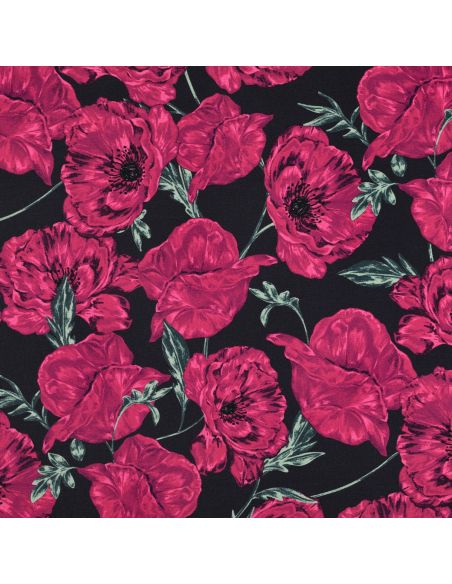Tissu sweat digital - Coquelicots rose fond bleu navy