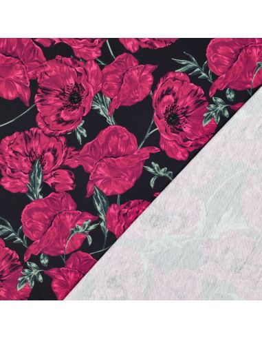 Tissu sweat digital - Coquelicots rose fond bleu navy