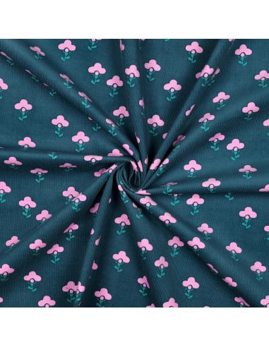 Tissu velours milleraies fantaisie - Armelle fond bleu pétrole