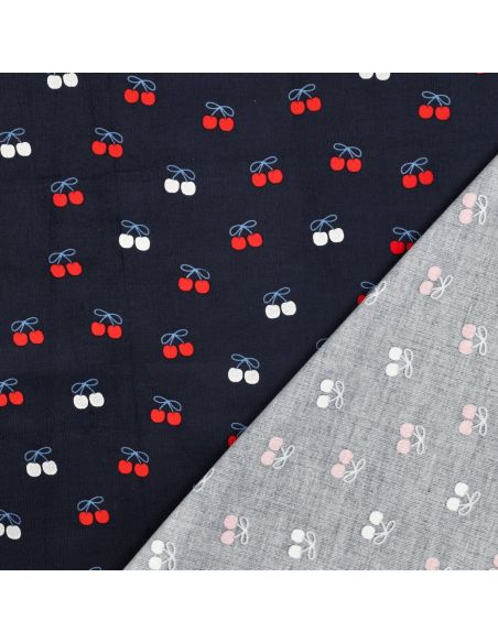 Tissu velours milleraies fantaisie cerises - Bleu marine