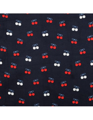 Tissu velours milleraies fantaisie cerises - Bleu marine