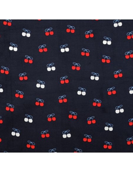 Tissu velours milleraies fantaisie cerises - Bleu marine