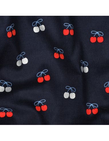 Tissu velours milleraies fantaisie cerises - Bleu marine