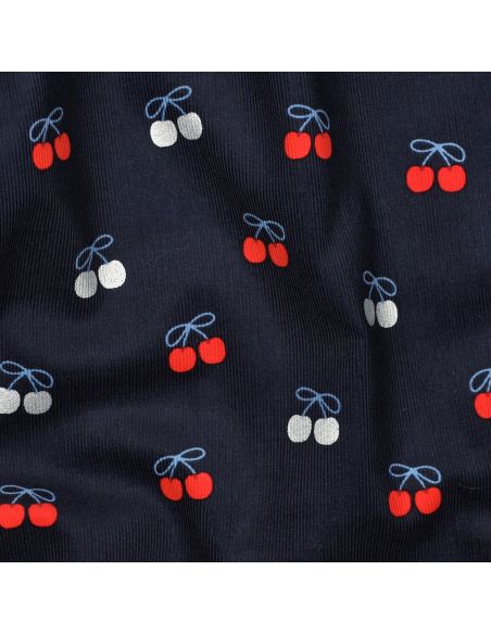 Tissu velours milleraies fantaisie cerises - Bleu marine