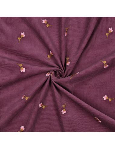 Tissu velours milleraies broderie fleurs - Lie de vin
