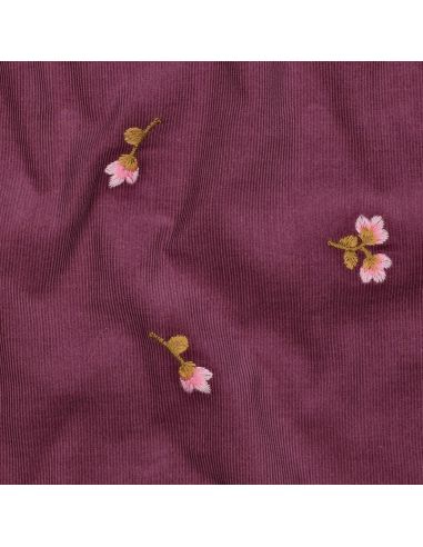 Tissu velours milleraies broderie fleurs - Lie de vin