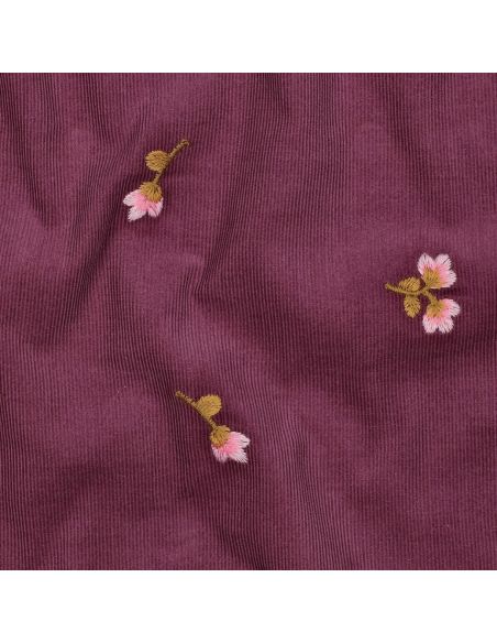 Tissu velours milleraies broderie fleurs - Lie de vin