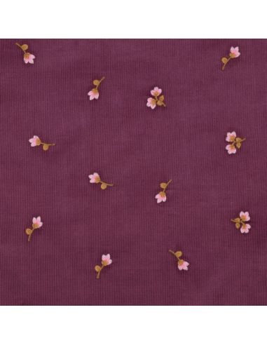 Tissu velours milleraies broderie fleurs - Lie de vin