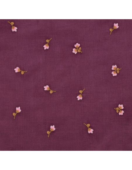 Tissu velours milleraies broderie fleurs - Lie de vin