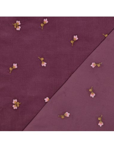 Tissu velours milleraies broderie fleurs - Lie de vin