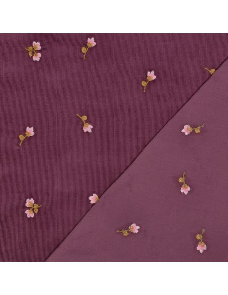 Tissu velours milleraies broderie fleurs - Lie de vin