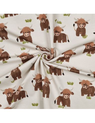Tissu sweat digital - Vache des Highlands fond blanc cassé