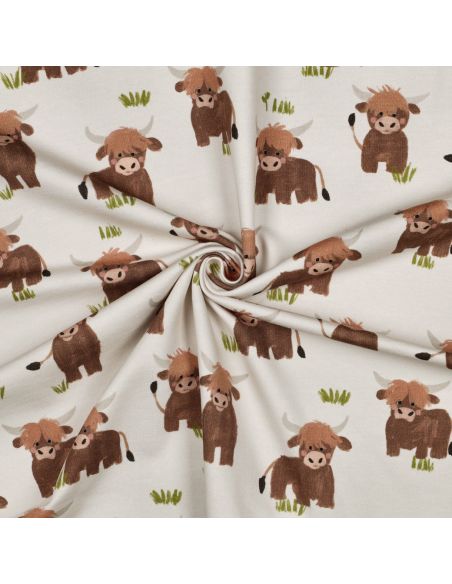 Tissu sweat digital - Vache des Highlands fond blanc cassé