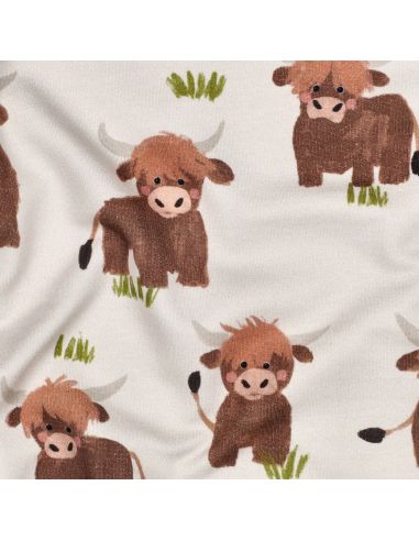 Tissu sweat digital - Vache des Highlands fond blanc cassé