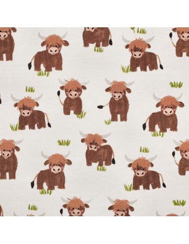 Tissu sweat digital - Vache des Highlands fond blanc cassé