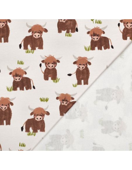 Tissu sweat digital - Vache des Highlands fond blanc cassé