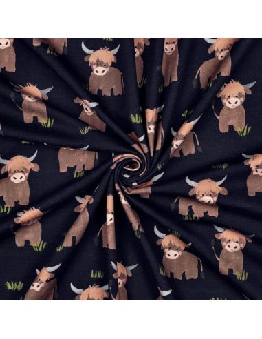 Tissu sweat digital - Vache des Highlands fond bleu marine