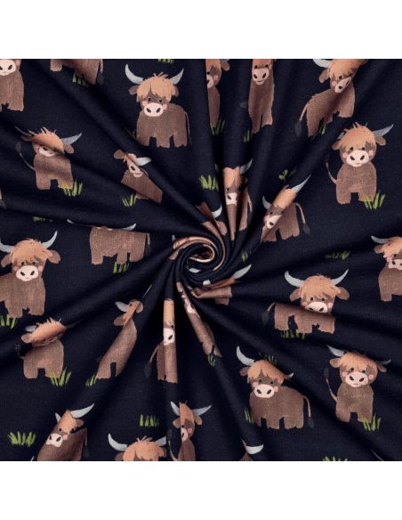 Tissu sweat digital - Vache des Highlands fond bleu marine