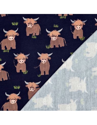Tissu sweat digital - Vache des Highlands fond bleu marine