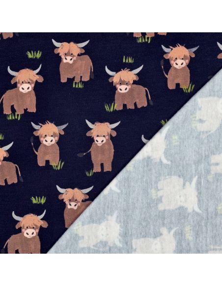 Tissu sweat digital - Vache des Highlands fond bleu marine