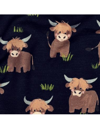 Tissu sweat digital - Vache des Highlands fond bleu marine