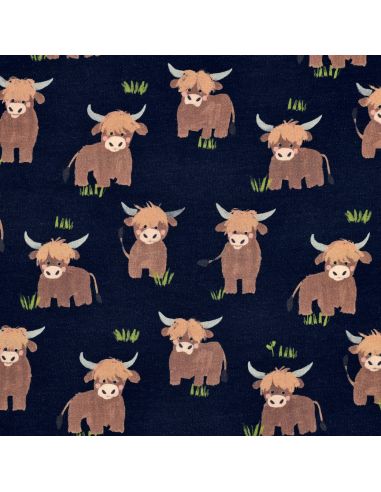 Tissu sweat digital - Vache des Highlands fond bleu marine