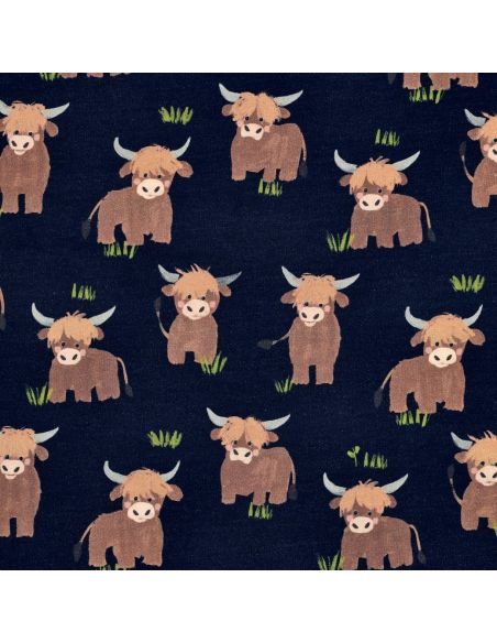 Tissu sweat digital - Vache des Highlands fond bleu marine