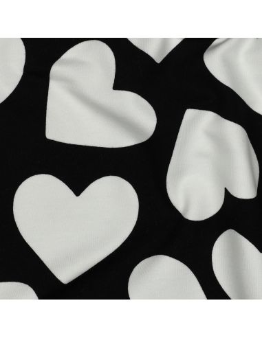 Tissu sweat léger gros coeurs - Blanc fond noir